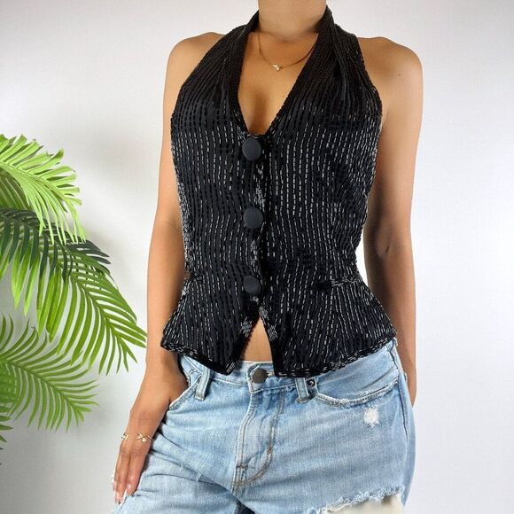 Vintage 90s Grunge Silk Beaded Whimsygoth Glam Baddie Vest Halter Top / Sz: 6 - Picture 4 of 5